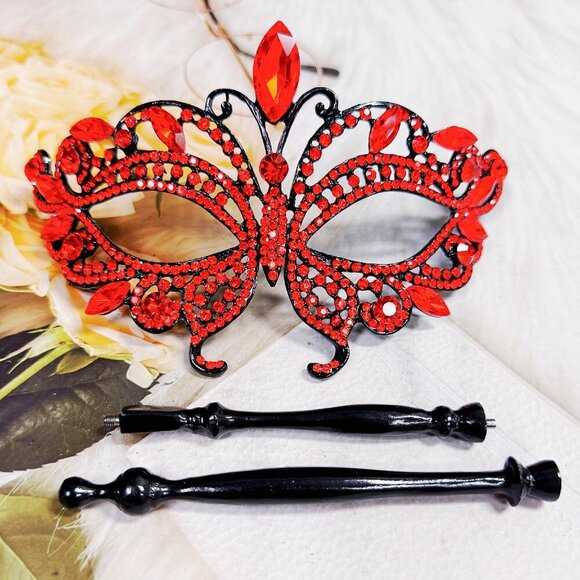 Red Masquerade Mask, Crystal Handheld Mask, Black Mask with Stick, Venetian Mask main image 10